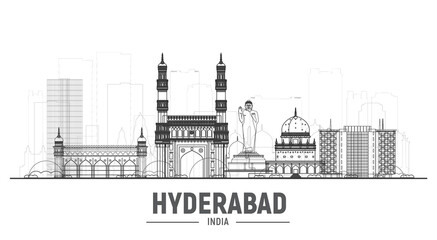 Hyderabad India line skyline with panorama in sky background. Vector Illustration. Business travel and tourism concept with modern buildings. Image for banner or web site.