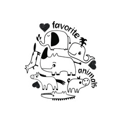 Vector illustration of cute animals, fox, crocodile, pig, horse, rhinoceros, elephant, whale, print on t-shirt, bike, baby bodysuit, textile, glass, paper. Doodle animal black line 