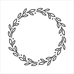 Vector hand drawn spring wreath isolated on white background. Outline circle of leaves. Doodle style. Floral frame. Family monogram.