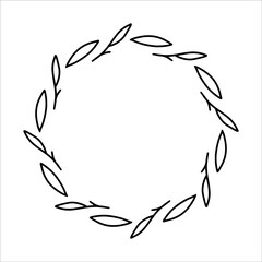Vector hand drawn spring wreath isolated on white background. Outline circle of leaves. Doodle style. Floral frame. Family monogram.