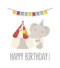 Birthday Party, Greeting Card, Party Invitation. Kids illustration with Circus Tent and Circus Elephant. Vector illustration in cartoon style.