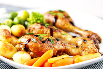 Roast Chicken Thighs with Potatoes, Carrots, Broccoli and Brussels Sprouts