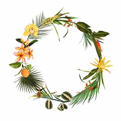 Circle wreath with green tropical leaves and flowers on white background. Exotic botanical design for cosmetics, spa, perfume, beauty salon, travel agency, florist shop. Best as packaging design.