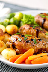Roast Chicken Thighs with Potatoes, Carrots, Broccoli and Brussels Sprouts
