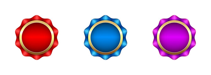 A set of blank  medals. Multicolored blank medals with gold border.  Labels isolated on white background. Vector clipart.	
