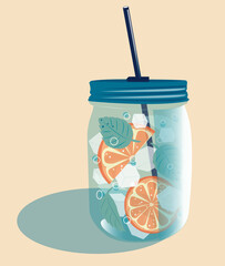 Orange lemonade with mint and ice in a stylish jar with a straw. Summer drink.