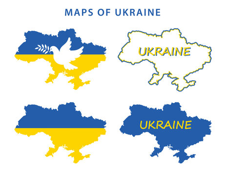 Set of maps of Ukraine in blue and yellow colors of the flag of Ukraine. The concept of peace in Ukraine. Vector illustration for your design.