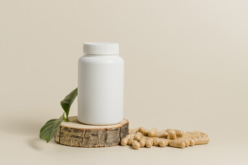 Medical white bottle mockup with herbal pill or vitamins, organic medication
