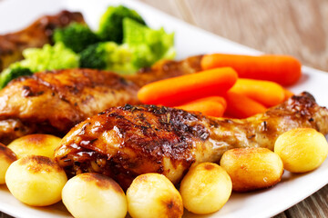 Roast Chicken Thighs with Potatoes, Carrots, Broccoli and Brussels Sprouts