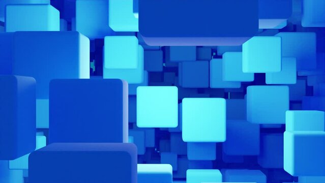 Randomly moving 3d cubes - abstract blue background. Cube particles techno background. Render animation.