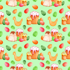Watercolor Easter seamless pattern. Easter cake with cream, cottage cheese dessert and colored eggs. Festive sweet bread. Hand drawn illustration on green background.