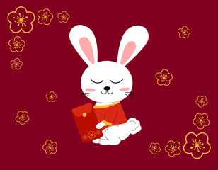 Chinese rabbit 2023 symbol. Cute cartoon white rabbit in chinese clothes with red envelope gift. Floral golden sakura ornament on red background. Vector flat illustration