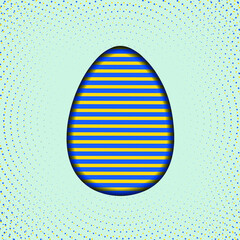 Easter card paper cut out with blue yellow striped egg shape on spotted background. Creative Easter holiday concept with copy space. vector illustration
