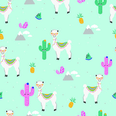 Funny Llama seamless pattern. Happy alpaca  on the dessert background. Textile pattern