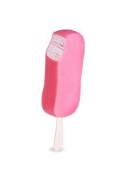Vanilla ice cream with pink chocolate glaze on a stick on a white isolated background