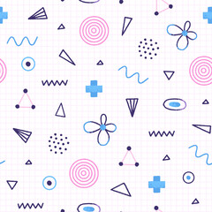 Vector seamless pattern of different shapes and wavy lines in hand-drawn style. Modern art illustration in pink, blue colors. Wallpaper, wrapping paper, textiles, covers