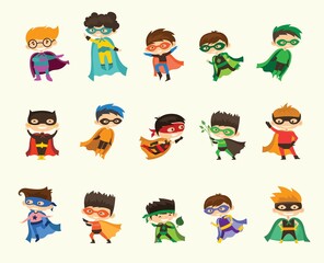 Vector illustrations of female and male kids superheroes in funny comics costume