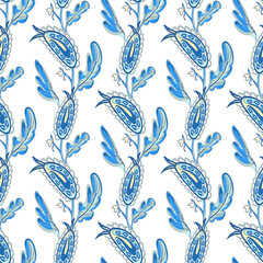 Fototapeta premium Seamless oriental pattern with stylized leaves and flowers. Repeating geometric tiles with turkish kukumber or buta. Vector laced decorative background. Floral ornament. Indian or turkish motif