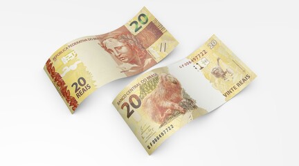 3d Money notes of 20 reais, 20 reais and 20 reais from brazil in wood background. Money from brazil. earn money. Real, Currency, Dinheiro, Reais, Brasil. Money banknotes 3d illustration.