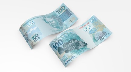 3d Money notes of 100 reais, 100 reais and 100 reais from brazil in wood background. Money from brazil. earn money. Real, Currency, Dinheiro, Reais, Brasil. Money banknotes 3d illustration. - obrazy, fototapety, plakaty