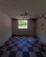 An abandoned house interior with chequered floor and window to green sunny garden