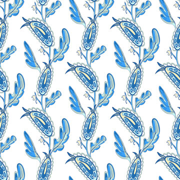 Seamless oriental pattern with stylized leaves and flowers. Repeating geometric tiles with turkish kukumber or buta. Vector laced decorative background. Floral ornament. Indian or turkish motif