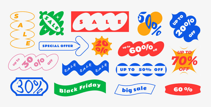Vector stickers of unusual shapes with special offers and sales promotions.