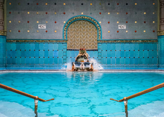 Naklejka premium Spectacular blue thermal pool at Gellert Spa in Budapest, Hungary.