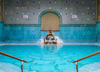 Spectacular blue thermal pool at Gellert Spa in Budapest, Hungary.