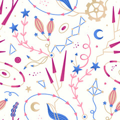 Vector floral seamless pattern. Mysterious cosmic flowers. Yellow background with magic plants. Hand drawn style. Wallpaper, wrapping paper, textile