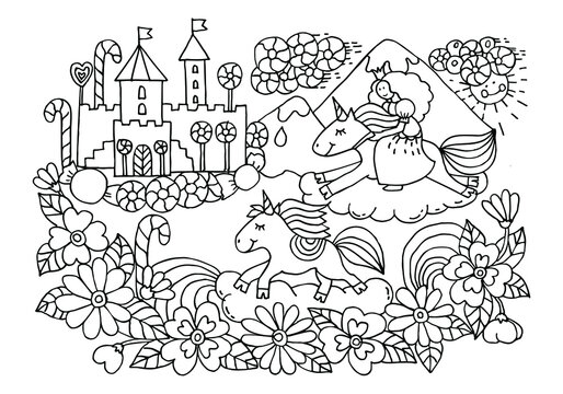 Coloring page with unicorns and princess. Fairy tale  candy castle with sweet clouds and mountains. Colouring book with flower frame. Worksheet for kids.