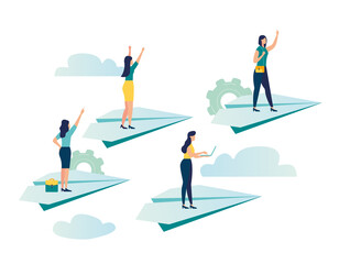 Fototapeta premium fly paper plane business people in sky. flying business teamwork creative search idea. Vector illustration