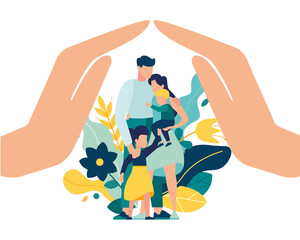 family insurance pregnancy and motherhood. young couple is expecting baby. Pregnant woman with tummy on background of leaves. Girl with boyfriend newborn baby. Vector illustration 