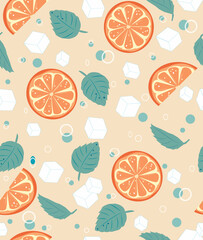 Seamless pattern with orange, mint and ice on yellow background. Summer pattern.