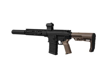 Modern automatic rifle isolated on white background. Weapons for police, special forces and the army. A carbine with red dot sight and silencer on a white back.