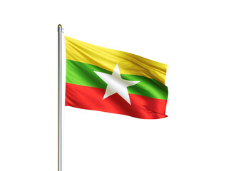 Myanmar national flag waving in isolated white background. Myanmar flag. 3D illustration