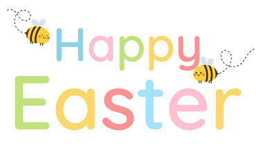Easter text with colorful bees. Stickers, holiday decor, invitations, banner, textile. Cartoon style for Easter holiday.