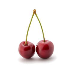 Photo of red cherries with tails isolated on white background