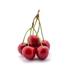 Photo of red cherries with tails isolated on white background