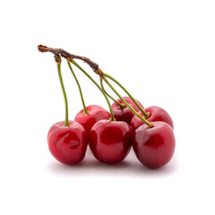 Photo of red cherries with tails isolated on white background