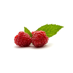 Photo of fresh red raspberry with leaves isolated on white background