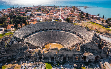 Aerial view of ancient city of Side in Turkey
