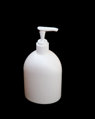 White plastic bottle for liquid soap on a black background.