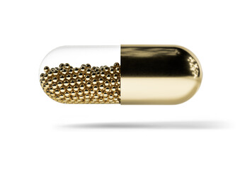 Gold capsule, pill and medicine isolated from the background