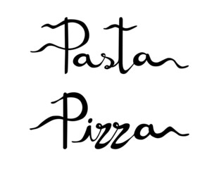 Pasta, Pizza; diseño de texto escrito a mano en negro. Recurso grafico sobre fondo blanco
 - obrazy, fototapety, plakaty
