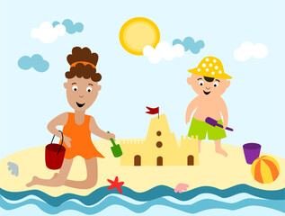   Vector summer image. Happy kids 
build a sand castle on the beach. Sea.  
Holidays. Horizontal eps design 
template for banner, poster, print, background, 
advertising for kids camp