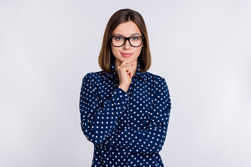 Photo of young pretty woman confident wear eyeglasses agent marketer isolated over grey color...