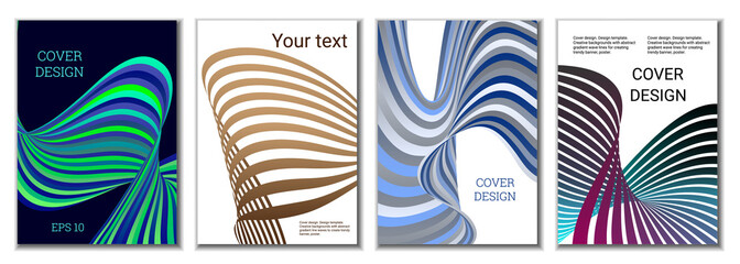 A set of 4 abstract covers. Wavy parallel gradient lines, ribbons evolve. Cover design, background. Trendy banner, poster.