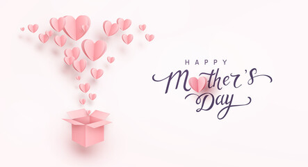 Mother's day postcard with paper flying elements and gift box on pink  background. Vector symbols of love in shape of heart for mum greeting card design