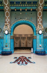 Mosaic blue tiles in amazing indoor spa in Budapest - obrazy, fototapety, plakaty
